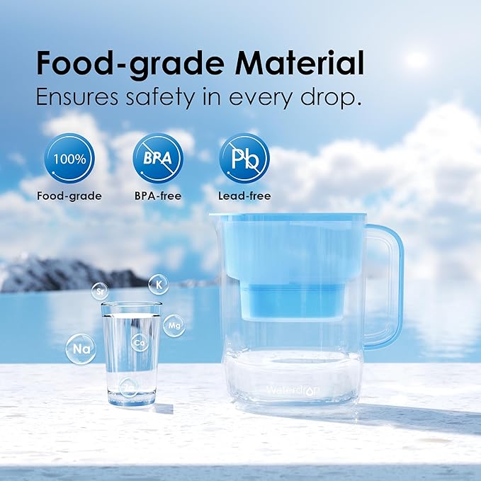 Waterdrop Alkaline Lucid 10-Cup Water Filter Pitcher with 4 Filters, Healthy, Clean & Toxin-Free Mineralized Alkaline Water (100 Gallons), Up to PH 9.5, BPA Free, Blue