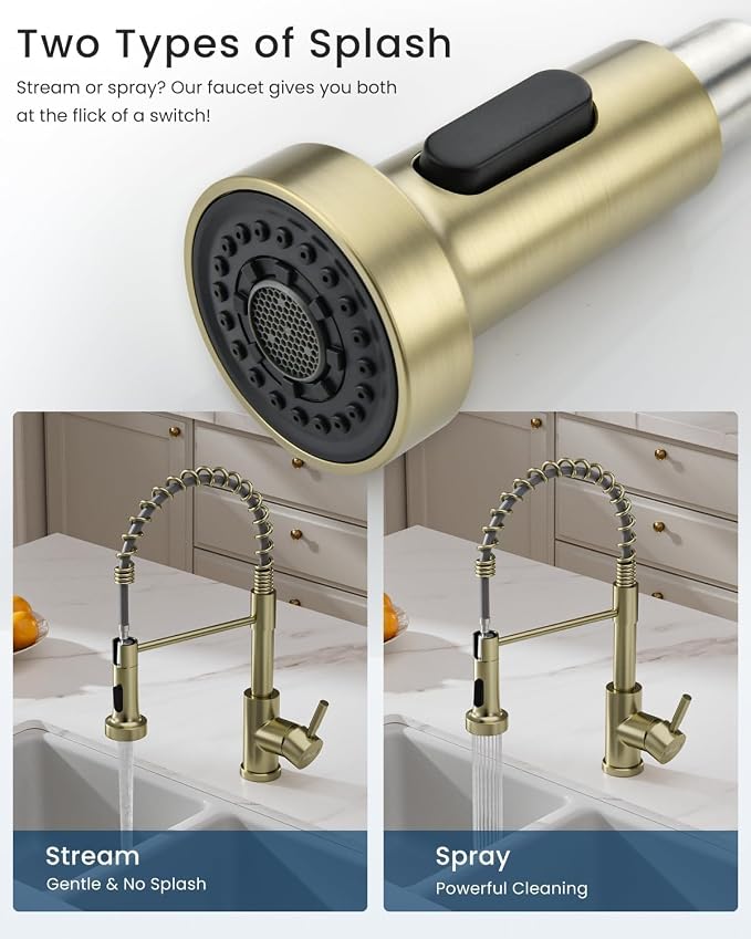 APPASO Gold Kitchen Faucet with Pull Down Sprayer and Soap Dispenser | Single Handle High Arc Spout, NSF Certified 1 or 3 Hole Installation, for Kitchen Sink Farmhouse RV Laundry Camper