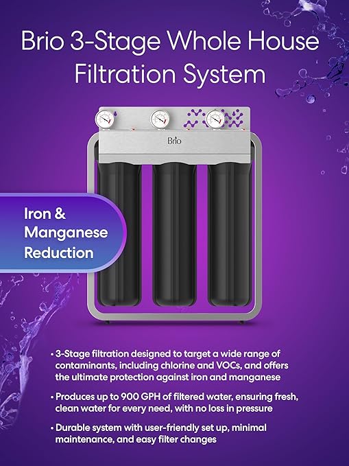 Brio 3-Stage Whole House Filtration System for Iron & Manganese Reduction, 900 GPH, 4.5" x 20" Sediment, Carbon Block, Iron & Manganese Filters Included w/Lifespan of 100,000 Gallons or 12 Months