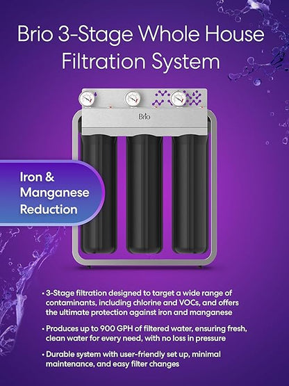 Brio 3-Stage Whole House Filtration System for Iron & Manganese Reduction, 900 GPH, 4.5" x 20" Sediment, Carbon Block, Iron & Manganese Filters Included w/Lifespan of 100,000 Gallons or 12 Months