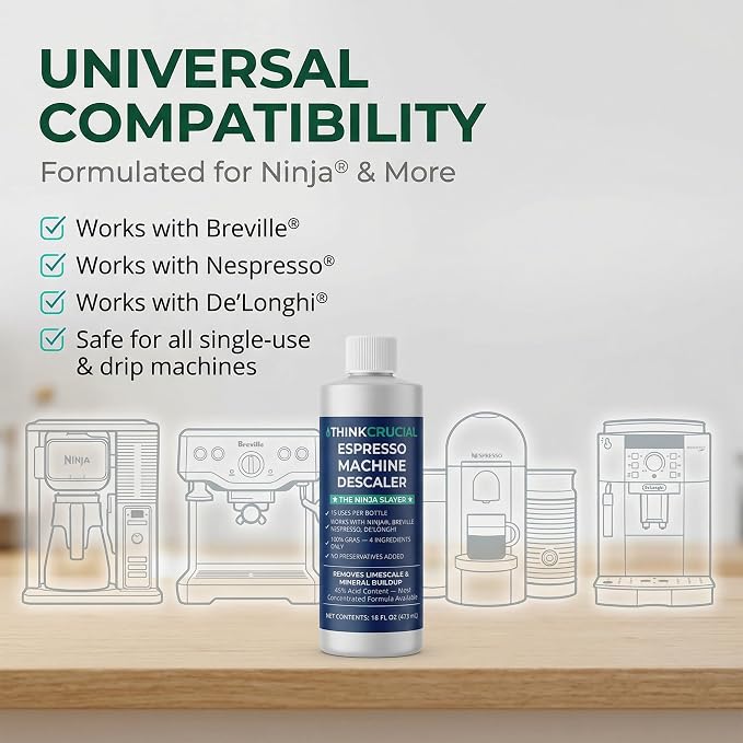 Think Crucial 15-Use Espresso Machine Descaler for Ninja Luxe Café NCCA1000, CFP451, CFP301 — 45% Acid Concentrate — 64% More Savings — 5-Year Supply — 16oz