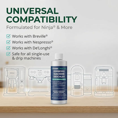Think Crucial 15-Use Espresso Machine Descaler for Ninja Luxe Café NCCA1000, CFP451, CFP301 — 45% Acid Concentrate — 64% More Savings — 5-Year Supply — 16oz