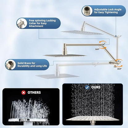 12” All Metal Rain Shower Head, High Pressure Rainfall Shower Head with Handheld Showerhead, 5“ Handheld Spray Powerful Clean 10-Mode, 16" Stainless Steel Adjustable Extension Arm, Brushed Nickel