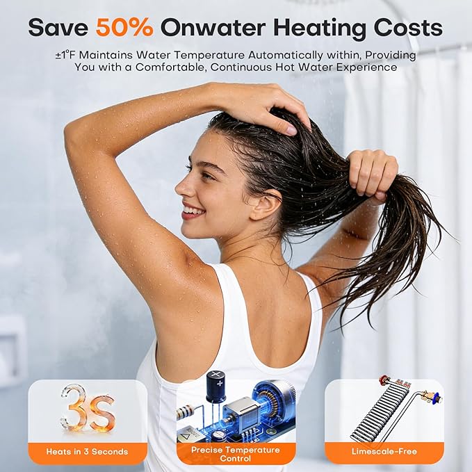 Tankless Water Heater Electric 14.4kW, 240 Volt On Demand Instant Hot Water Heater, Within 1℉ Stable Temp, Up to 3.5GPM, WiFi Control, ETL Certified, Eco, WM15