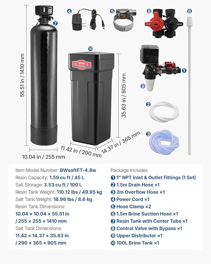 VEVOR Water Softener, 48,000 Grains Whole House Water Softener System, with Automatic Digital Control Head, Bypass Valve, Reduce Hardness and Minerals, Improve Water Quality, for 3-4 Bathrooms