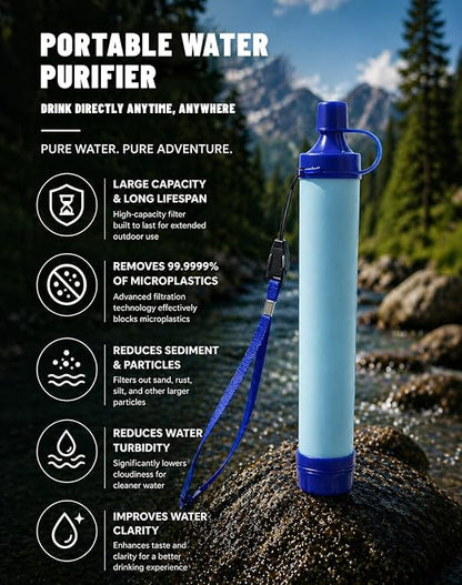 Water Filter, Lightweight Portable Water Filter Straw (2) | Emergency Survival Filtration System, Personal Water Purifier, Includes 480ml Reservoir & Tube, for Hiking, Camping, Travel