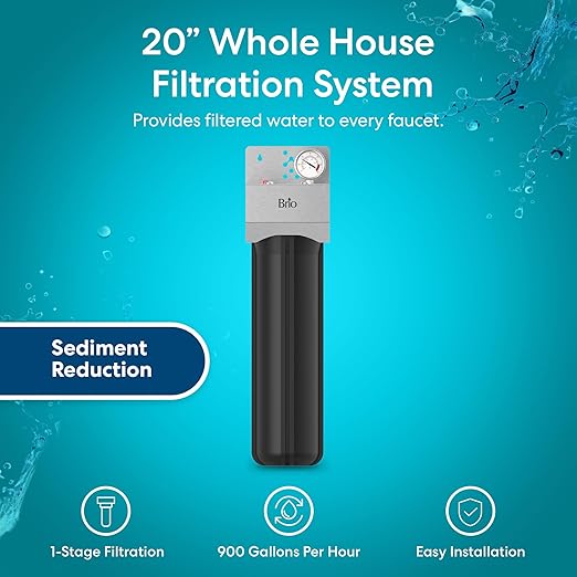 Brio Whole House Water Filter System w/Gauge & Fast-Flow Sediment Filter (5 Micron) 4.5" x 20" | Removes Dirt, Improves Taste & Protects Home Appliances | 900 GPH | 100,000 Gallons or 12 Months