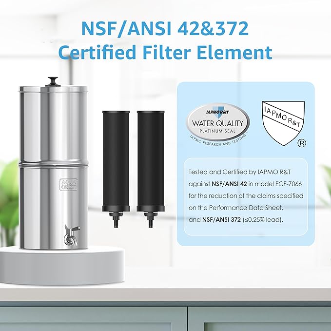 AQUA CREST Gravity Water Filter System, NSF/ANSI 42&372 Certified Black Carbon Filters, Reduce Lead and Up to 99% Chlorine, 2.25G, for Home, Camping, RVing, Off-Grid, Emergencies, AQ-TN-A