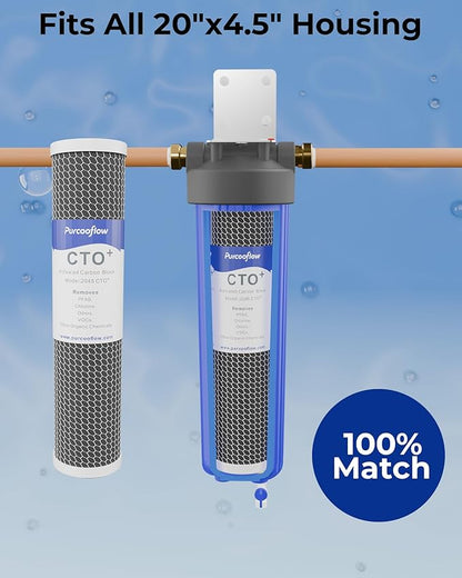 20x4.5 Inch CTO Water Filter Cartridge, Specialized PFAS & Chlorine Removal, Whole House Coconut Shell Carbon Block Replacement, Fits Standard 20" x 4.5"Housings, 5 Micron