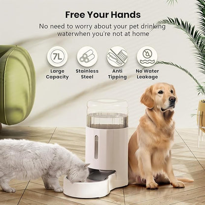CZPET Dog Water Bowl Dispenser 7L, Wider Mouth & Upgraded Brush for Easy Cleaning Automatic Cat Gravity Refilling Waterer with Removable Stainless Steel Bowl, Large Drinking Area for Multi-Pet (White)