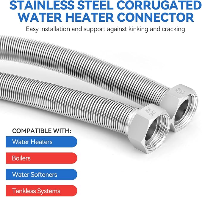 36 Inch Flexible Stainless Steel Corrugated Water Heater Connector Hose,3/4" FIP x 3/4" FIP,304 Stainless Steel Leak-Proof Flexible Line for Tankless Water Heater,Water Softener,RV,Boiler(2PCS)