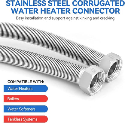 36 Inch Flexible Stainless Steel Corrugated Water Heater Connector Hose,3/4" FIP x 3/4" FIP,304 Stainless Steel Leak-Proof Flexible Line for Tankless Water Heater,Water Softener,RV,Boiler(2PCS)