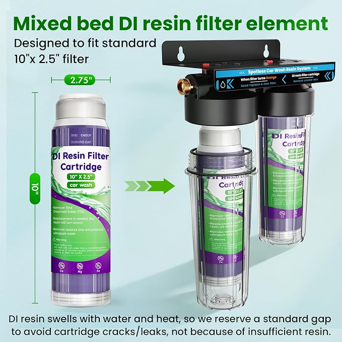 Mixed Bed DI Resin Filter Cartridge, 10''x 2.5'' DI Color Changing Replacement Cartridge, Deionized Resin for Spot-Free Car Wash System, Window Cleaning & Aquarium, 2-Pack