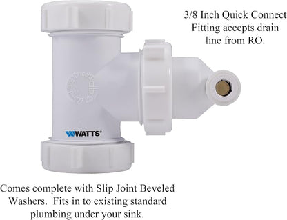 Watts Premier 1-1/2" Universal Drain Line Adapter for RO Reverse Osmosis Systems in Single or Multi-Compartment Sinks without Disposal, 3/8" Tubing, No Drilling Required, White