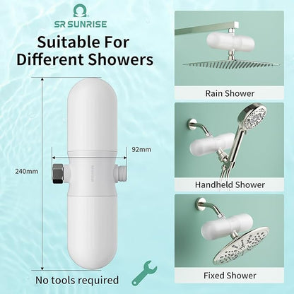 SR SUN RISE Duo Shower Filter - NSF Certified 20-Stage Shower Filter for Hard Water, Water Softener, Removes Chlorine, Heavy Metals, High Flow, Easy Replace Cartridge, Nourish Hair & Skin, Matte White