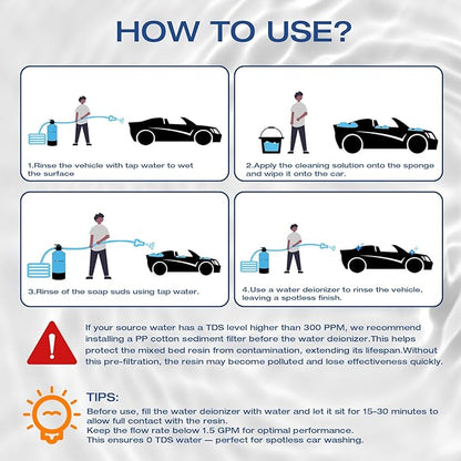 H&G lifestyles Spotless Water System for Car Wash, with By-Pass Valve, Water Deionizer for Car Washing, Spot-Free Deionized Water,Portable Design 3/4 GHT Brass Fittings