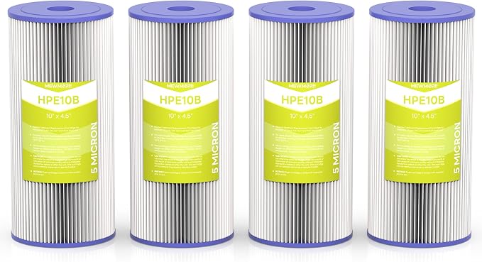 5 Micron Whole House Water Filter Cartridge, 10" x 4.5", 4-Pack | Pleated Sediment Filters for Well Water, Replacement for FXHSC, GXWH40L, GXWH35F, W50PEHD, W10-PR, R50-BBSA