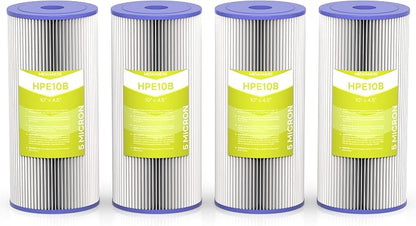 5 Micron Whole House Water Filter Cartridge, 10" x 4.5", 4-Pack | Pleated Sediment Filters for Well Water, Replacement for FXHSC, GXWH40L, GXWH35F, W50PEHD, W10-PR, R50-BBSA
