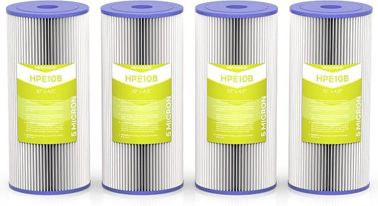 5 Micron Whole House Water Filter Cartridge, 10" x 4.5", 4-Pack | Pleated Sediment Filters for Well Water, Replacement for FXHSC, GXWH40L, GXWH35F, W50PEHD, W10-PR, R50-BBSA