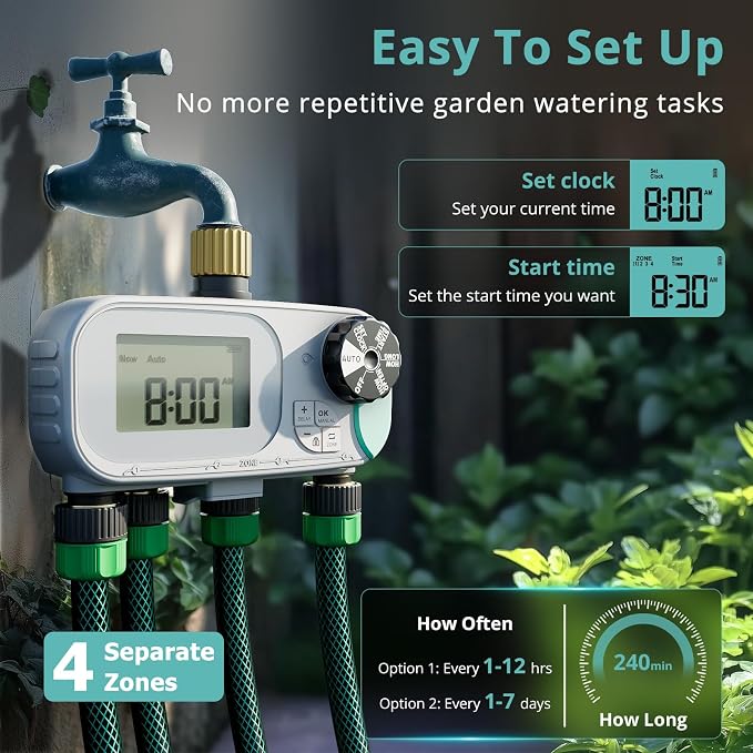 QUOBAS Sprinkler Timer for Garden Hose, Programmable Brass Water Timer | 4 Zone Hose Timer with Child Lock for Drip Irrigation, Pool, with Rain Delay/Auto/Manual, Waterproof Screen & Battery Powered
