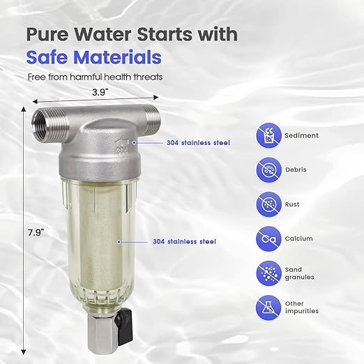 Amwater 304 Stainless Steel 40 Micron Spin Down Water Filter, Whole House Spin Down Sediment Water Filter, Reusable Flushable Pre-Filtration System, 3/4" MNPT + 1/2" FNPT, BPA Free