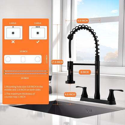 HOMELODY 2 Handles Kitchen Faucet with Pull Down Sprayer for 3 Hole Sink, 360° Rotating Spout Commercial 2 Handle Stainless Steel Kitchen Faucets with Deck Plate Black
