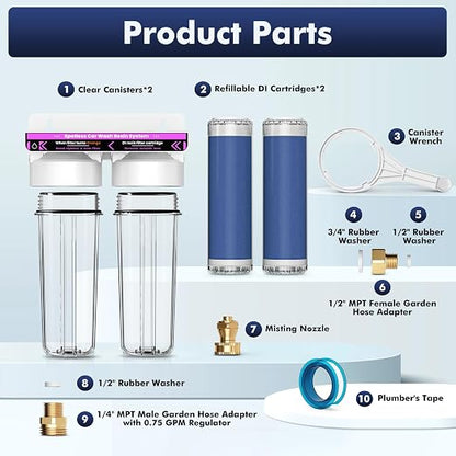 Deionized Spot Free Car Rinse Unit, Spotless Car Wash Water System,Deionized Water System for Car Wash, Suitable for Cars, RVs, Motorcycles, Yachts, and Windows, No Towel Drying, Color Changing Resin