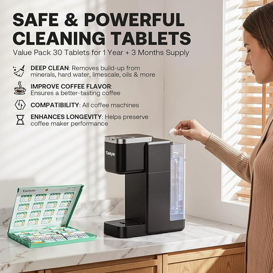 Tastyle Coffee Maker Descaler Cleaner Tablets - 30 Count, Compatible with Keurig, Ninja, Nespresso, Breville, BLACK+DECKER, Powerful Limescale Remover for Drip Coffee & Espresso Machines