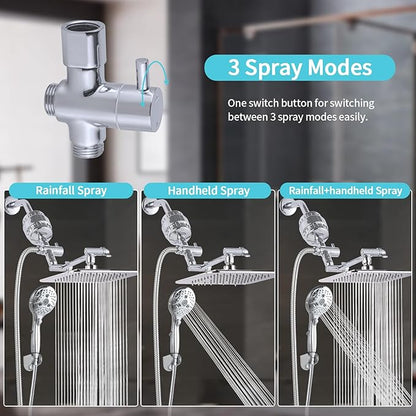 10'' Dual 20 Stage Filtered Shower Head with Handheld, 6 Spray Settings Handheld Shower Head High Pressure Rainfall Filter Combo with 12'' Adjustable Extension Arm, 71'' Shower Hose (Chrome Polished)