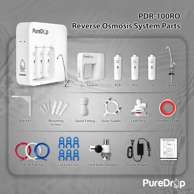 PureDrop PDR-100RO 3-Stage Under Sink Reverse Osmosis Drinking Water Filtration System, 100 GPD Fast Flow Built-in Tank RO Water Filter System, Reduce PFAS