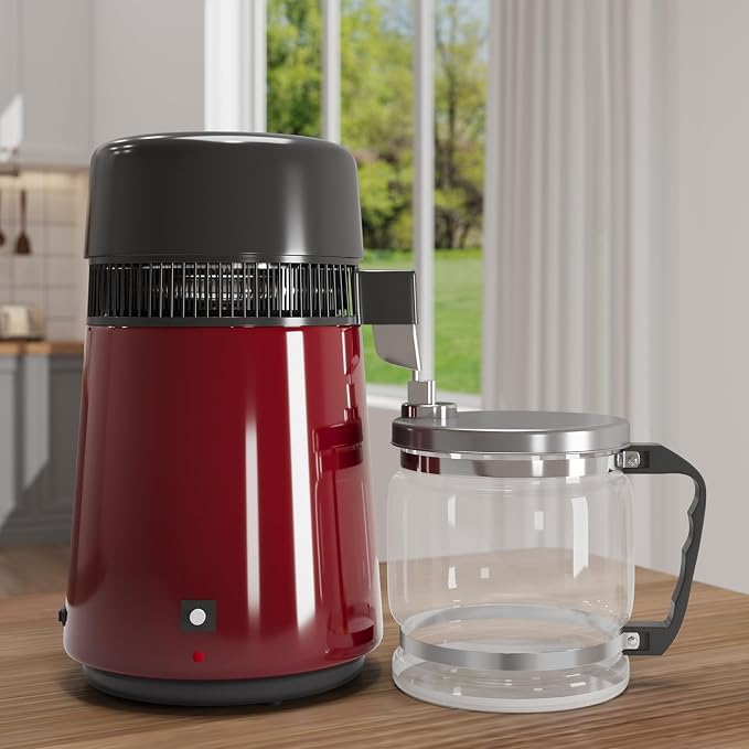 GarveeHome Water Distillers for Home Countertop, 1 gal/4 L Stainless Steel Distilled Water Machine with Glass Container, 750W Desktop Drinking Purifier Filter Distilling Kit, Red