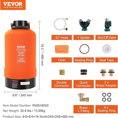 VEVOR RV Water Softener, 16,000 Grain Portable Water Softener, with 3/4" Brass Fittings and 42" Hose, Soften Hard Water Filter System for RVs, Trailers, Boats, Mobile Car Washing, Pressure Washing