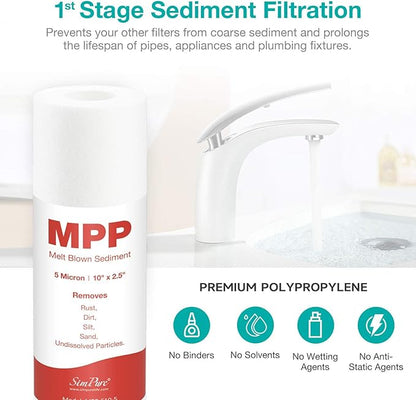SimPure 5-Stage Reverse Osmosis Replacement Filter Set with 75 GPD RO Membrane, 5pc Pre & Post Replacement Cartridge Pack Kit for Standard 10-icnh 5-Stage Reverse Osmosis RO Systems