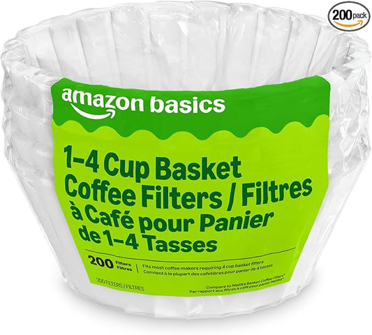 Amazon Basics Basket Coffee Filters for 1-4 Cup Coffee Makers, White, 200 Count