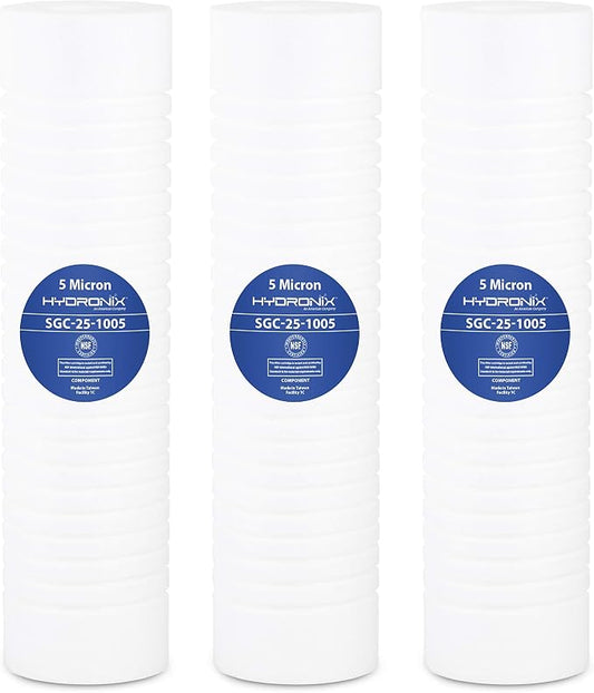 Hydronix HX-SGC-25-1005/3 Sediment Grooved Water Filter Cartridge 2.5 inch x 10 inch 5 micron - Replaces AP110-3 Pack, White