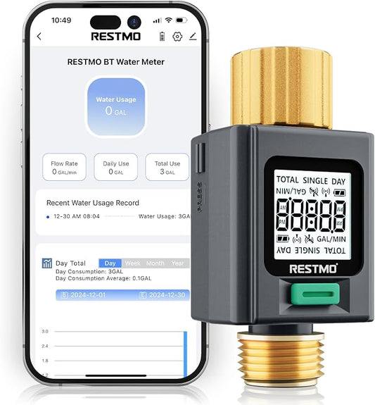 RESTMO Smart Water Flow Meter with Screen Backlight, APP Control | Brass Inlet & Outlet, Measuring Gallon/Liter Consumption & Flow Rate for Garden Watering, RV Filling, Sprinklers & Nozzle