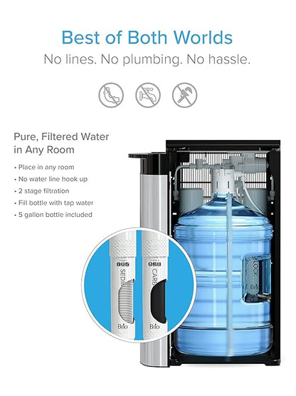 Brio 520 Bottom Load Water Cooler Dispenser for 5 Gallon Bottle w/ 2 Stage Filter | Hot Cold & Room Temp Water Options for Home & Office | Removes Chlorine, VOC's, Bad Taste & Chemicals