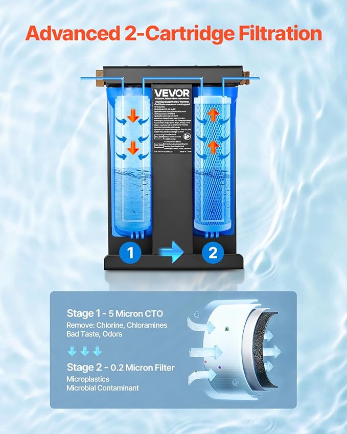 VEVOR RV Water Filter with Bracket, 2-Cartridge 2.5 x 10 in Water Filter System for RVs, Remove Chlorine, Bad Tastes, Odors, and Most Contaminants, for Campers, Boats, Vans