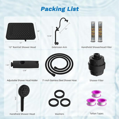 Hibbent 5-spray Dual Filtered Rainfall Shower Head Combo, High Pressure 13'' Showerhead with 10 Spray Mode Handheld, Easy Reach 4-way Diverter Shower Arm with Pause Mode, 71'' Hose and Holder, Black