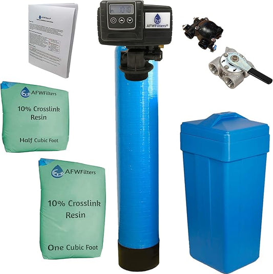 AFWFilters 1.5 Cubic Foot (48k) Whole Home Water Softener with Durable 10% Crosslink Resin, 3/4" Stainless Steel FNPT Connection, and Blue Tanks