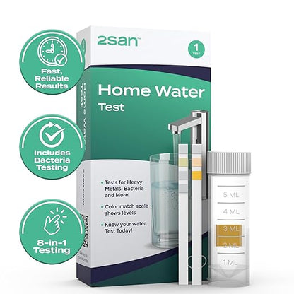 2San Home Water Test, 8-in-1 Water Testing for Bacteria, Lead, Iron, Copper, pH, Chlorine, Hardness, Nitrites, Easy At-Home Use for Tap & Well Water, Fast, Reliable Results Without a Lab