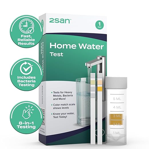 2San Home Water Test, 8-in-1 Water Testing for Bacteria, Lead, Iron, Copper, pH, Chlorine, Hardness, Nitrites, Easy At-Home Use for Tap & Well Water, Fast, Reliable Results Without a Lab