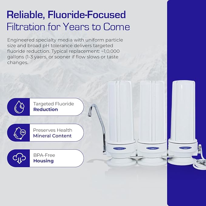 Crystal Quest Countertop Water Filter System – 8-Stage Triple Fluoride Plus Filtration for Kitchen Faucets, Removes Chlorine, Heavy Metals & VOCs, Long-Lasting 10,000-Gallon Faucet Filter