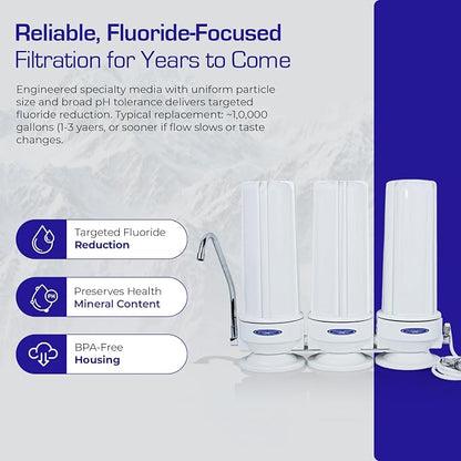 Crystal Quest Countertop Water Filter System – 8-Stage Triple Fluoride Plus Filtration for Kitchen Faucets, Removes Chlorine, Heavy Metals & VOCs, Long-Lasting 10,000-Gallon Faucet Filter