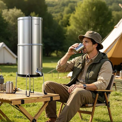 VEVOR Gravity-fed Water Filter System, 2.25G 304 Stainless-Steel Countertop Water Filtration System, Reduces Lead and up to 99% of Chlorine, with 2 Carbon Filters, Spigot, and Stand, for Home Camping