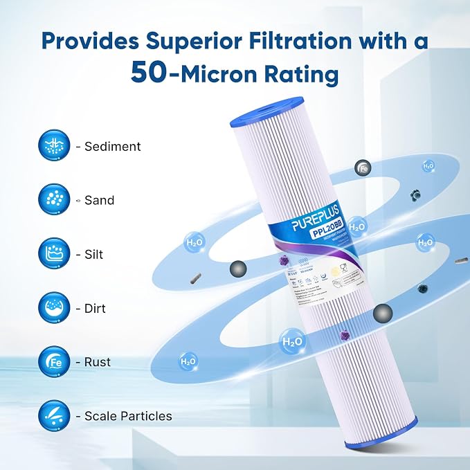PUREPLUS 50 Micron 20" x 4.5" Whole House Pleated Sediment Filter for Well Water, Replacement Cartridge for ECP20-20BB, AP810-2, SPC-45-2020, R30-20BB, HDC3001, ECP5-20BB, 2Pack