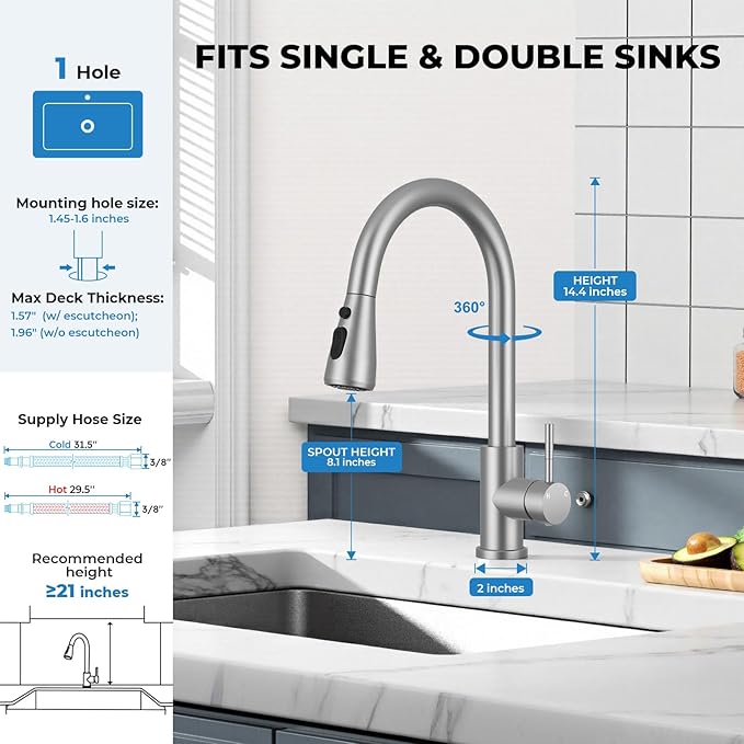 Kitchen Faucet with Pull Down Sprayer, VFAUOSIT Lead-Free Kitchen Sink Faucet Brushed Nickel Stainless Steel High Arc Pull Out Single Hole Kitchen Faucets for Pot Filler, Farmhouse RV Bar Laundry Room