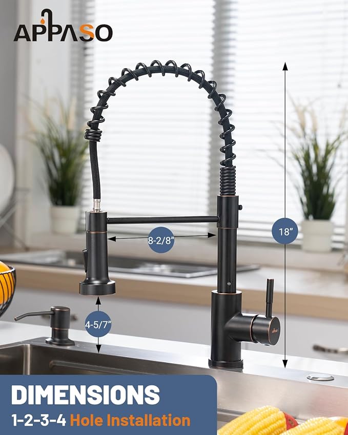APPASO Spring Kitchen Faucet with Soap Dispenser Oil Rubbed Bronze | NSF/ANSI/CAN 372 & Lead-free, Pull Down Kitchen Sink Faucet, SUS304 Stainless Steel Single Handle High Arc Faucet