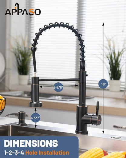 APPASO Spring Kitchen Faucet with Soap Dispenser Oil Rubbed Bronze | NSF/ANSI/CAN 372 & Lead-free, Pull Down Kitchen Sink Faucet, SUS304 Stainless Steel Single Handle High Arc Faucet