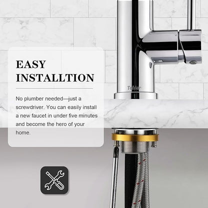 Tohlar Chrome Kitchen Faucets with Pull Down Sprayer, Single Handle Kitchen Sink Faucet Modern Staninless Steel Kitchen Faucet with Deck Plate